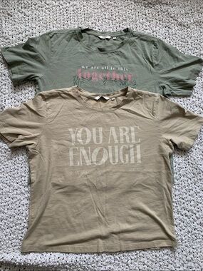 Two T-shirts NAF NAF "YOU ARE ENOUGH" women  Graphic Tee in Olive and Tan